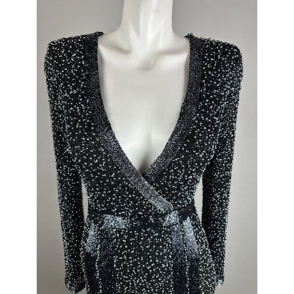 Mac Duggal Black Silver V-Neck Long Sleeve Embellished Dress size 4 NWT 4900D - Picture 3 of 13